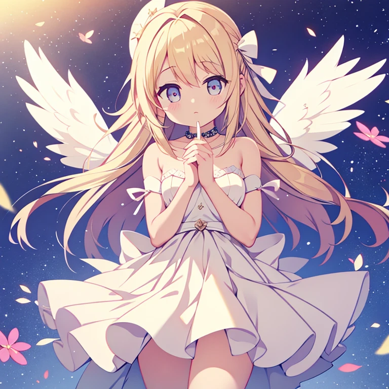 masterpiece, anime style, (anime screencap), best quality, professional lighting, best illumination, (1girl), hovering, angel, angel wings, perfect figure, angelic, moonlight, serene, artistic, lens flare, bloom, fantasy setting, cherry blossoms background, cherry blossom petals, bokeh, stars,