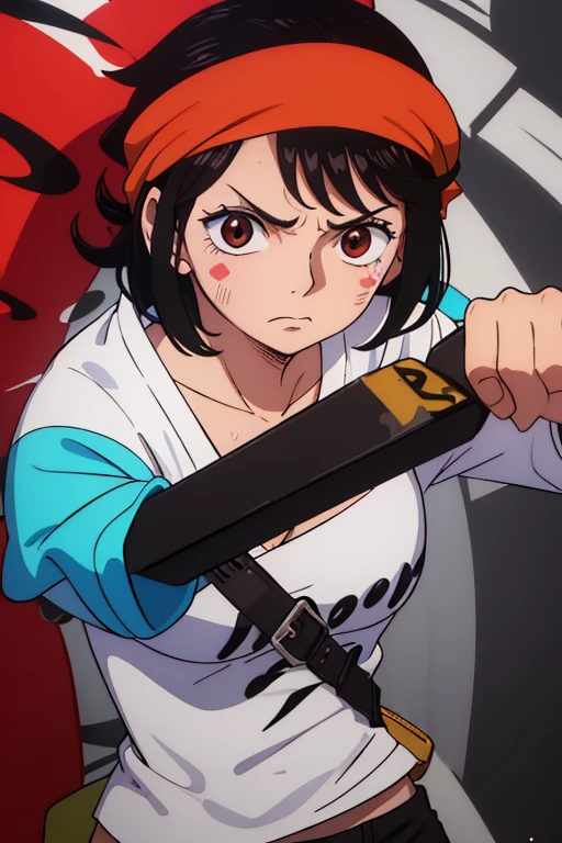 (best quality,4k,8k,highres,masterpiece:1.2), ultra-detailed, Animated, girl, mature face, short black hair, brown eyes, black hair, short hair, Fighting scene, determined, punc, angry face, red face, graffiti, girl graffer, durag