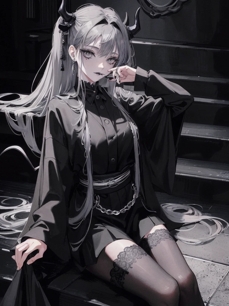 masterpiece, 最high quality, high quality, super detailed, 1 girl, looking at the viewer, gray hair, eye, black lipstick, black shirt, Sitting on a white floor, devil girl, Goscoax, 1 7 years old, goth girl, japanese gothic, gothic punk style, Black Metal Style, put your hand on your head