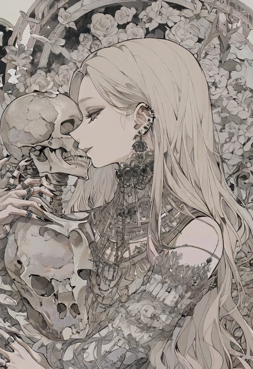 (highest quality), (super detailed), gothic, absurdres, aesthetic, line art , (kissing a skull), 1girl smiling, piercings, long hair, body jewelry, parted bangs, intricate top,  black and white