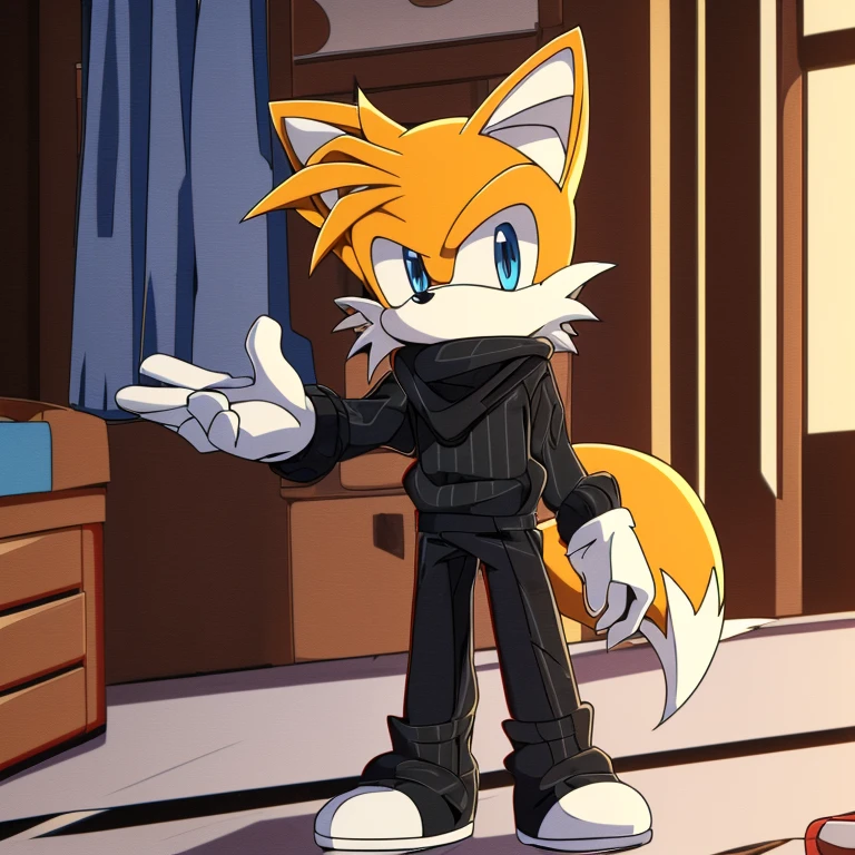 Male, Mobian, Fox, Miles Tails Prower the Fox, sonic the hedgehog \(series\), fox boy, ((solo)), ((blue eyes, (eyes open), serious, young adult, wearing a red anime styled scarf, wearing a black sweater, white gloves, (((2D Anime Style))), in tailor shop, any pose