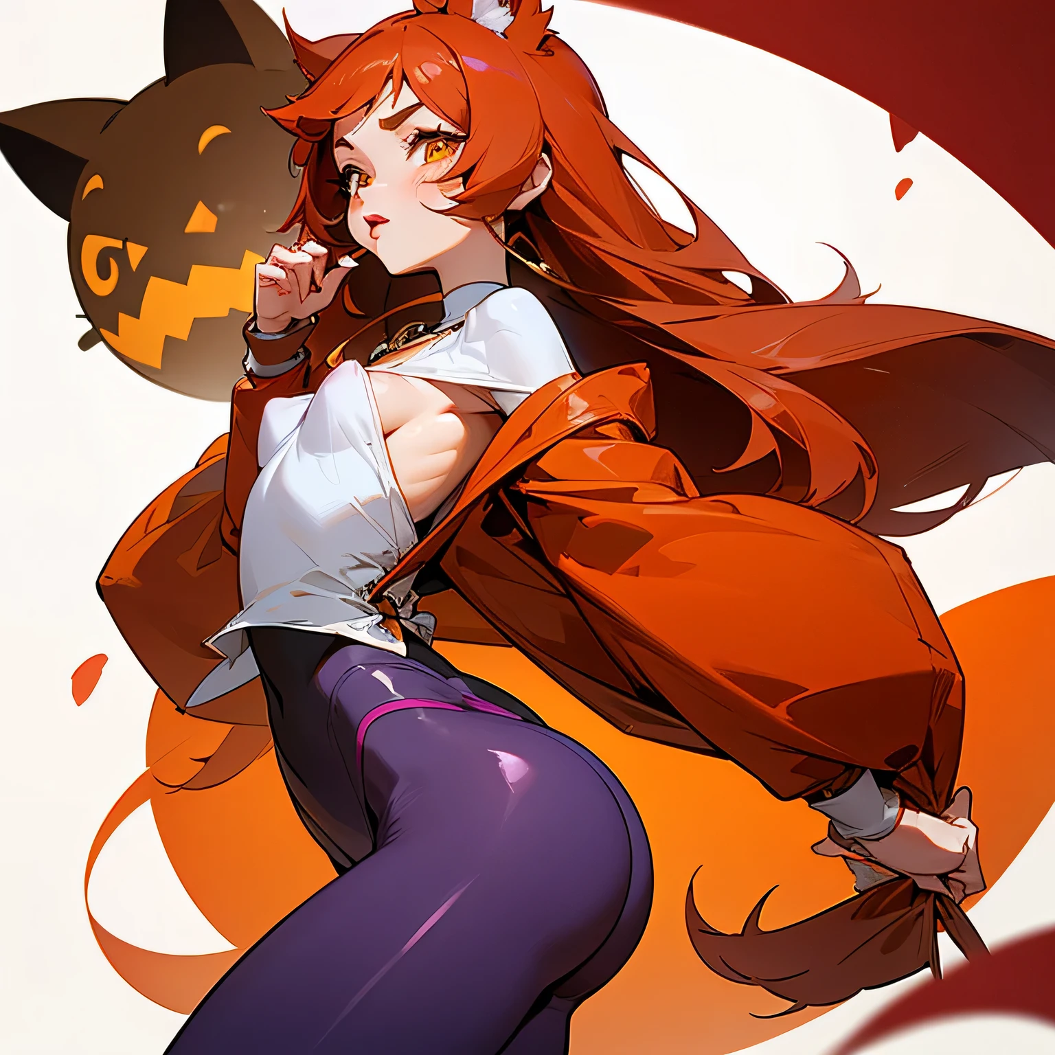 , a young girl with reddish-orange Chinese hair that reaches her shoulders and bangs that reach her forehead, covering her eyebrows and falling to the sides of her face, big yellow eyes with long eyelashes with a seductive look , small nose, rosy cheeks, full red lips, with cat ears, a necklace, no top clothing, she has , round and pink nipples, wide thighs, small and round butt, tight purple leggings, from the front with a white background.