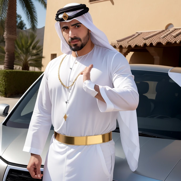 A rich Arab man with handsome face features with beard and he is wearing Arab traditional white dress and he is standing near the sport car