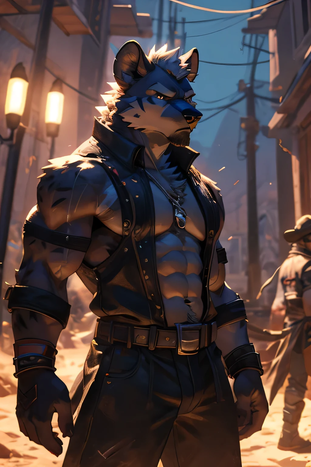 masterpieceы, fluffy, male, anthropomorphic, black wolf, Vein, slim build, tender eyes, Españolca, gray fur, White underbelly, strong body, terrorist, Bandit, Punk, depth of field, perfect lighting, (Best quality),(masterpiece),(ultra detailed), sharp focus, Detailed wasteland background, shirtless, huge and juicy black nipples, fierce look, scars, black gloves, skinny black shorts