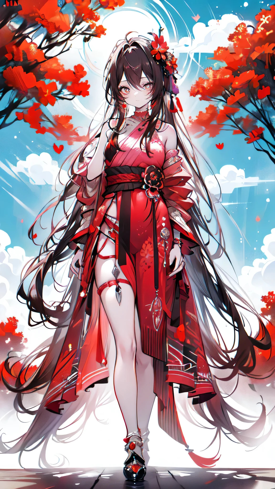 (masterpiece),(Best quality:1.0), (ultra high resolution:1.0), detailed illustration, 8 k, anime, 1 girl, beautiful anime girl, In a sari, wear pink sari, beautiful pose, Beautiful face, detailed face, beautiful eyes, dark red eyes, detailed eyes, Red lips, Red lipstick, slightly brown hair, pink flower on ear, highlighting in hair, standing, Red flowers on the back of the tree, Open sky with clouds, detailed, difficult, anime style, highly detailed