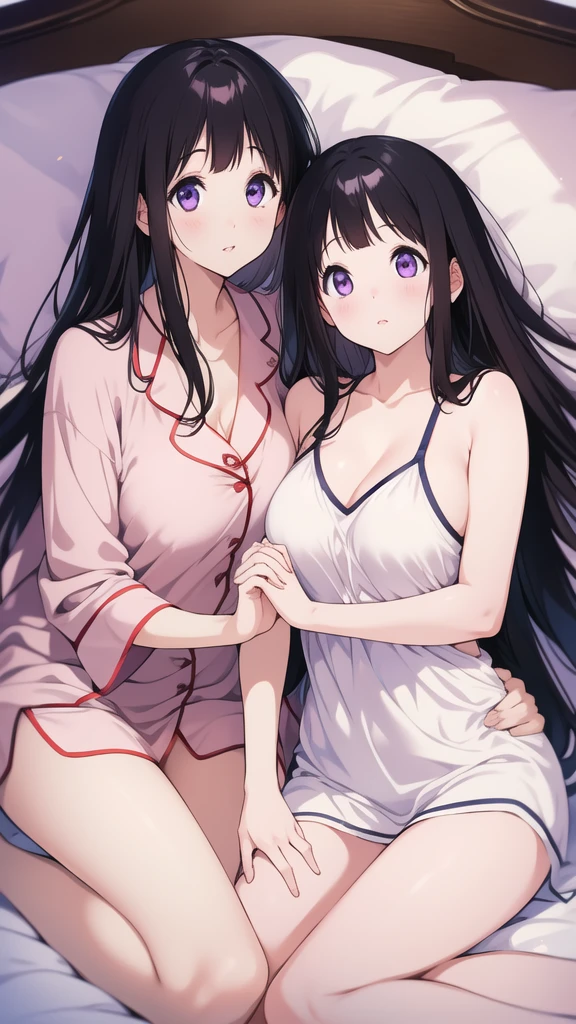 two beauties touching each other, (Transparent shirt: 1.2), (Open shirt), Light clothes, Sleeveless, Two women posing for a photo on bed, Surreal full-body figure, Beautiful and detailed body and face, gorgeous figure, pony tails, Clear, Smile, Moaning, Tease, Surreal full body body, Beautiful and detailed body and face, Extra-long viewing angle, Fair skin, Bright colors, Asian, There is almost nothing in the clothes, Blurry,