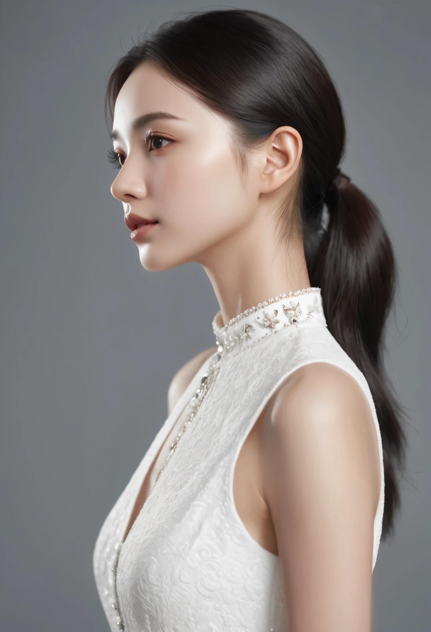 ((Best Quality, 8K )),  A young cute profile woman, photorealistic, side view, portrait, ultra realistic, high detailed, high detailed skin, high quality, white dress