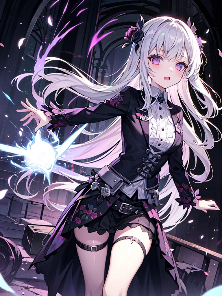 high quality, Draw Amount, Pixiv illustration, Beautiful youth, Gray Hair, Long Hair, Yellow Eyes, Slanted Eyes, black stand up costume, Frills, Gothic Costume, Wicked Smile, Bird's-eye view、Three white eyes、
Excellent and functional design、Beauty and Mathematics、High sense、creative、High Fashion、A modern puzzle mode、Raincoat Records、two tone、Bold, chic and stylish、Transparency、Chest lace、Eros、Stylish、Detailed design、Unusual black zigzag high boots
