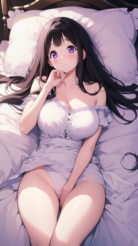 Stunning Chitanda, There is only one beautiful girl,purple eyes, black hair, Naturally straight hair, straight bangs,extremely refined,lips open,flowing long hair,Peerless beautiful girl, dreamlike,Slim,soft, (Sensual), (kawaii), Dream quality,White loose pajamas,no underwear,Lying in bed,Face is very red,close eyes,Head up,Hold your hands between your legs,big breasts,bare shoulders,Clavicle exposed,bare neck,Bare thighs,Exposing the groin,camel toe,bare legs,barefoot,extremely shy,ultra high resolution, (masterpiece:1.2, best quality), (Beautiful and delicate face)