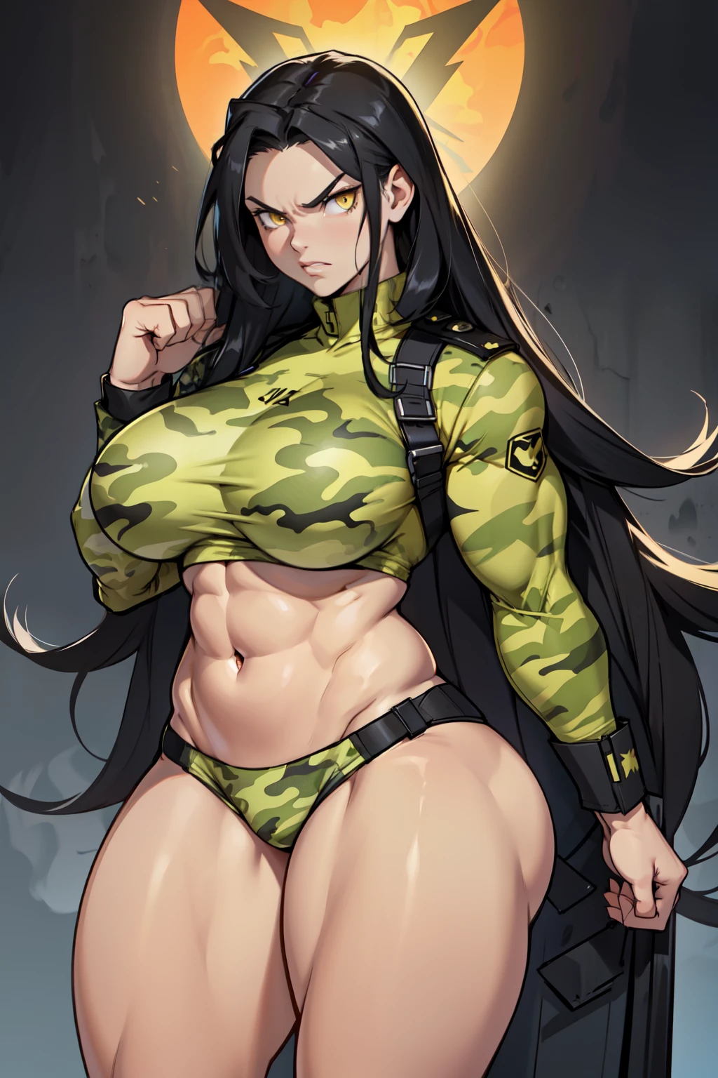 solo, 1 girl, (very long hair), black hair, angry, yellow eyes pale skin (wide hips thick thighs curvy muscular toned body bodybuilder huge tits) (camo uniform)