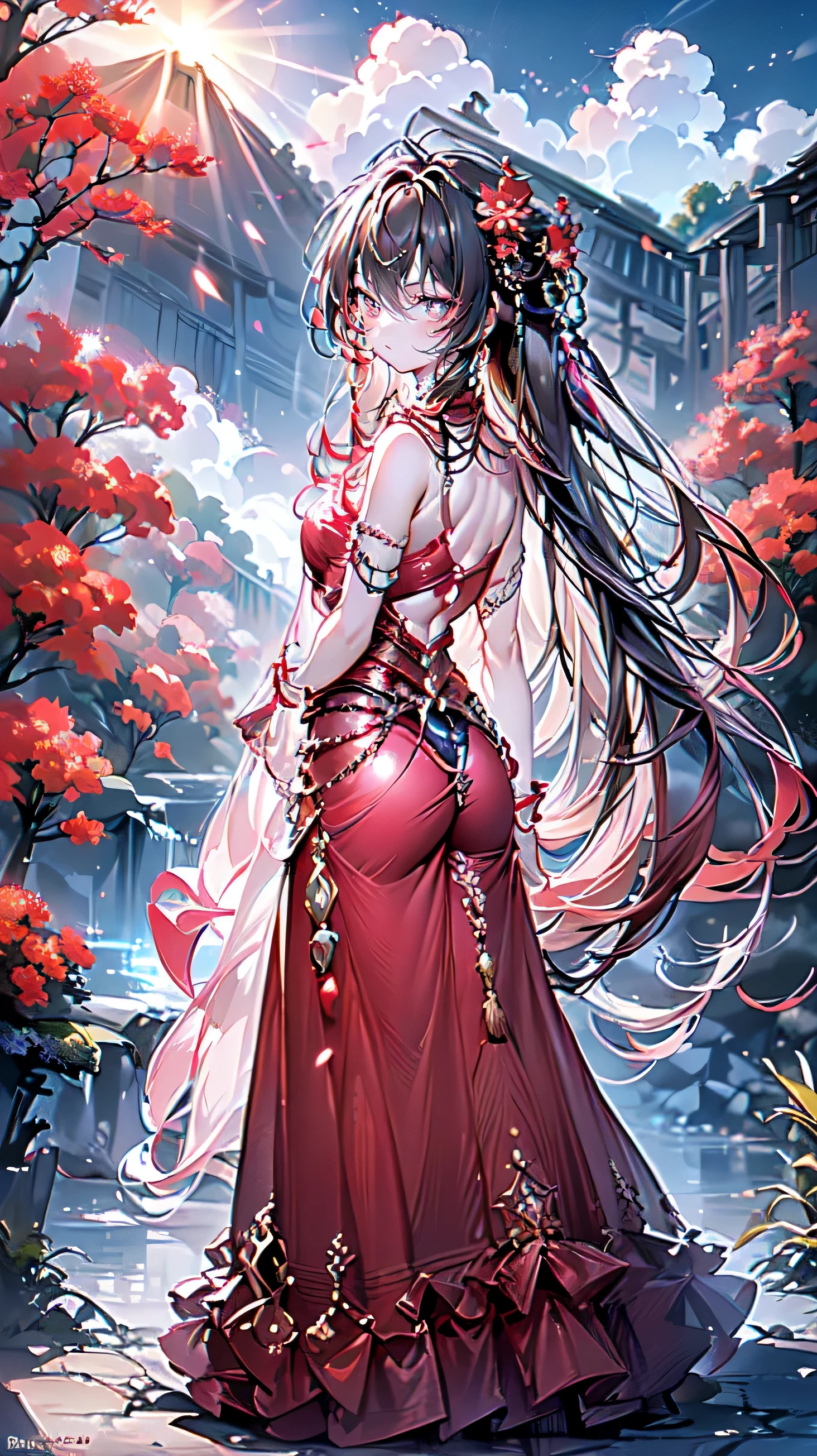 (masterpiece),(Best quality:1.0), (ultra high resolution:1.0), detailed illustration, 8 k, anime, 1 girl, beautiful anime girl, In a sari, wear pink sari, beautiful pose, Beautiful face, detailed face, beautiful eyes, dark red eyes, detailed eyes, Red lips, Red lipstick, slightly brown hair, pink flower on ear, highlighting in hair, standing, Red flowers on the back of the tree, Open sky with clouds, detailed, difficult, anime style, highly detailed