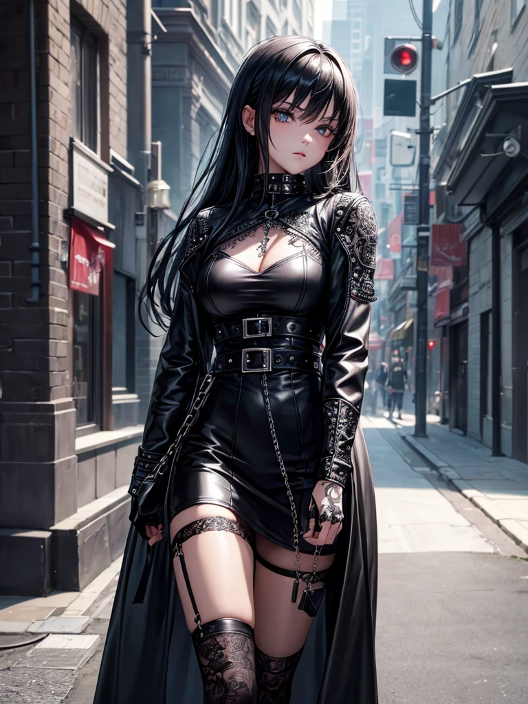 1 girl, young girl, goth , dressed in modern black gothic dress, Short Black Leather Jacket, Dark black make-up, emotionless, Lots of metal accessories and chains, tattoo, walking down the street, very detailed, vivid appearance, creative action, very detailed, imaginative, , Voluntary, highest quality, skin texture, intricate details, (cinematic lighting), Raw photo, 8K, masterpiece,highest quality,Super detailed,very detailedイラスト,very detailed,intricate details,High resolution,超intricate details,very detailed 8K cg wallpaper,