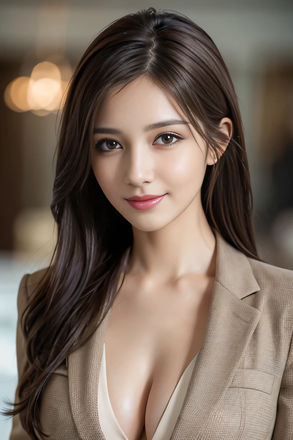 table top, highest quality, realistic, Super detailed, finely, High resolution, 8k wallpaper, 1 beautiful woman,, light brown messy hair, wearing a business suit, sharp focus, perfect dynamic composition, beautiful and detailed eyes, thin hair, Detailed realistic skin texture, smile, close-up portrait, model body shape,cleavage