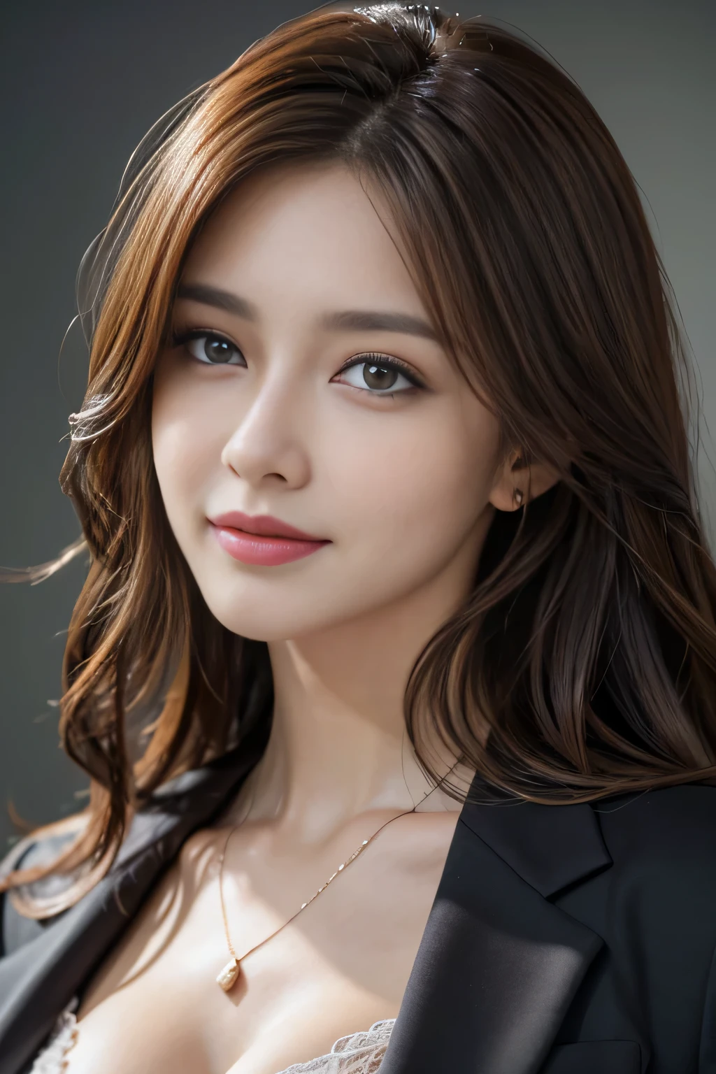 table top, highest quality, realistic, Super detailed, finely, High resolution, 8k wallpaper, 1 beautiful woman,, light brown messy hair, wearing a business suit, sharp focus, perfect dynamic composition, beautiful and detailed eyes, thin hair, Detailed realistic skin texture, smile, close-up portrait, model body shape,cleavage