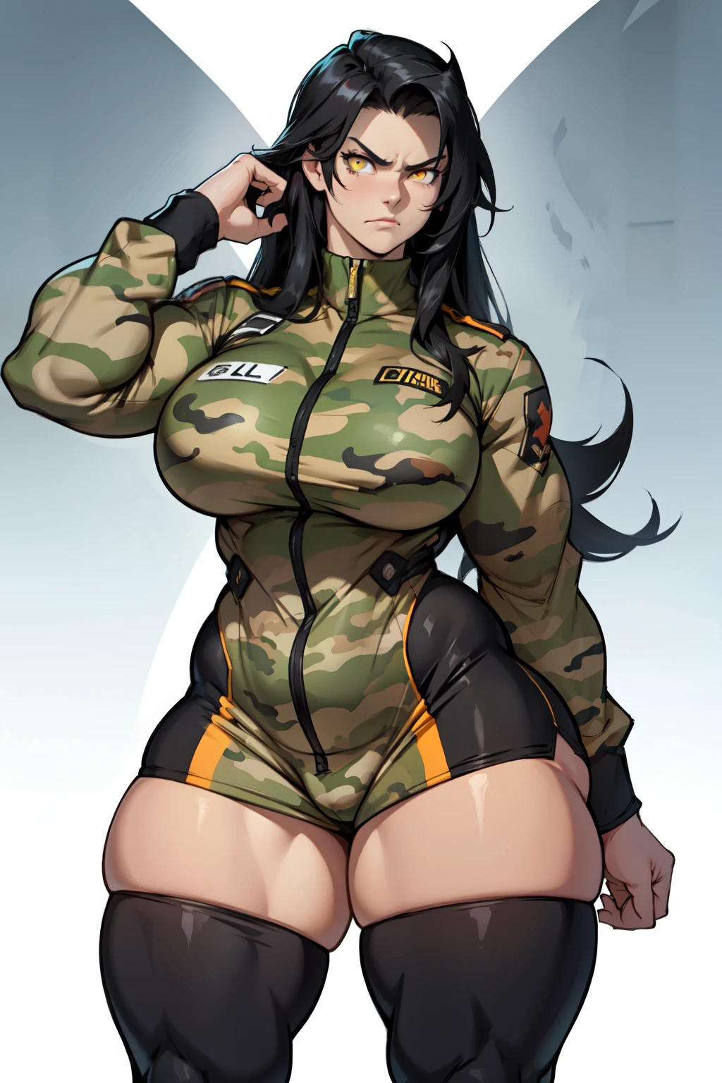 solo, 1 girl, (very long hair), black hair, angry, yellow eyes pale skin (wide hips thick thighs curvy muscular toned body bodybuilder huge tits) (camo uniform)