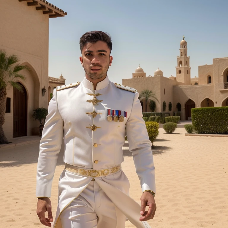 portrait de la personne de Danielmontoya, dans le coureur de lame, photographie professionnelle, high resolution, 4k, detailed photo,   vêtements dubai arabe traditionnel blanc. Villa background