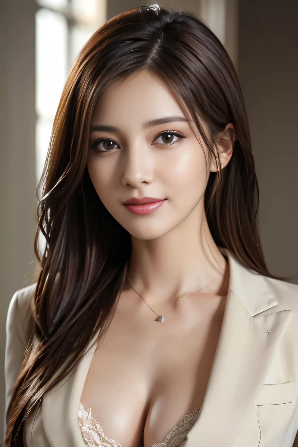table top, highest quality, realistic, Super detailed, finely, High resolution, 8k wallpaper, 1 beautiful woman,, light brown messy hair, wearing a business suit, sharp focus, perfect dynamic composition, beautiful and detailed eyes, thin hair, Detailed realistic skin texture, smile, close-up portrait, model body shape,cleavage