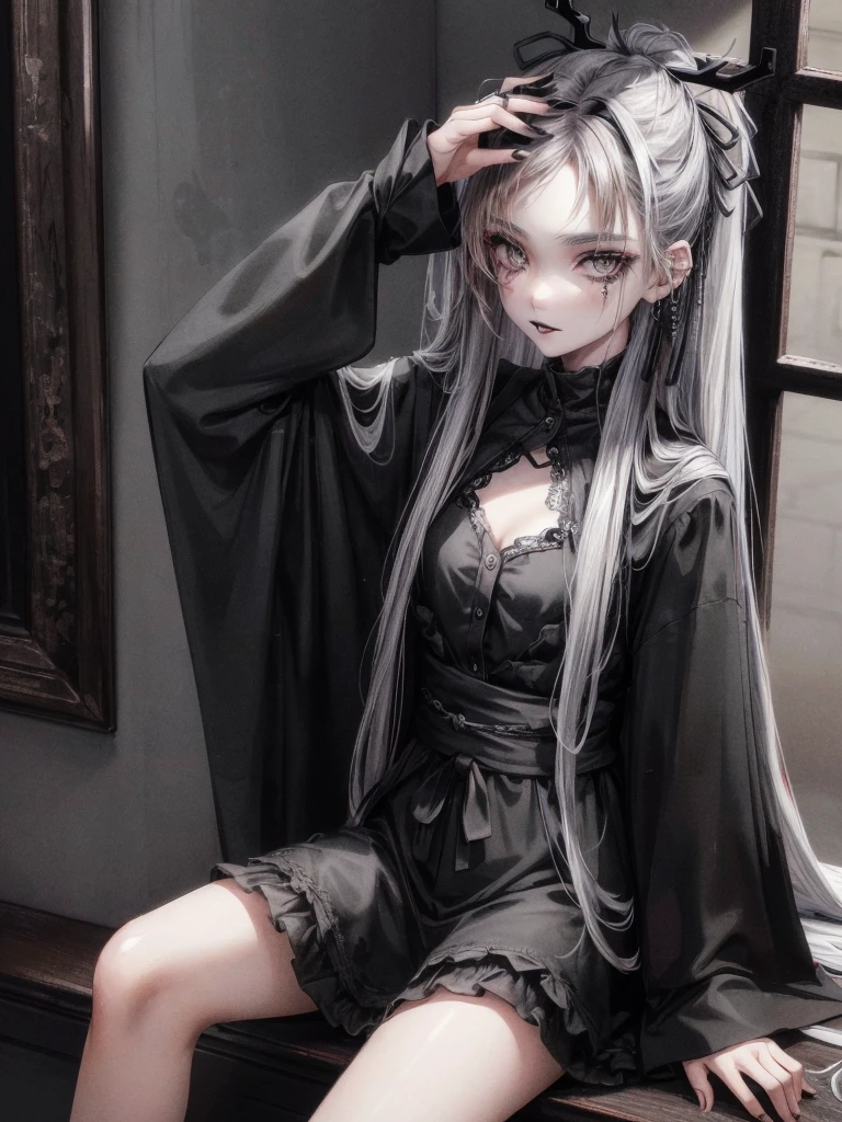 masterpiece, 最high quality, high quality, super detailed, 1 girl, looking at the viewer, gray hair, gray eyes, black lipstick, black shirt, Sitting on a white floor, devil girl, Goscoax, 1 7 , goth girl, japanese gothic, gothic punk style, Black Metal Style, put your hand on your head