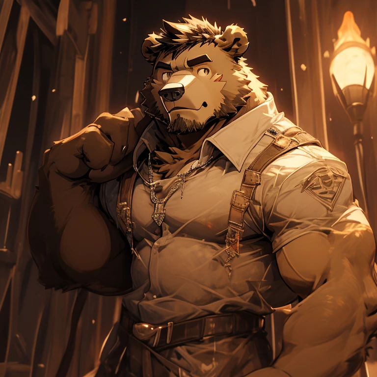 beautiful fursona brown bear portrait, anthropomorphic furry brown bear, anthropomorphic brown bear, fursona with fancy clothes, official character art, furry character portrait, anthropomorphic bear portrait, mohawk haircut, black hair, professor