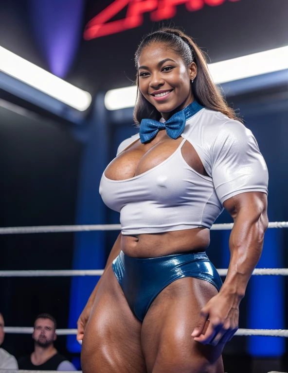 Wrestlemania. Viewed from above, Queen latifah, A heavily muscled iffb pro female bodybuilder, (Raw photography:1.5)、(hight resolution:1.5)、(Raw photography:1.5),(Photorealsitic:1.38)、(sharp focus:1.5) 、18 only、One girl、((Cowboy Shots:1.2)),((Body Like a Male Bodybuilder:1.8))、((tall:1.4)),((Thick arms with sculpted muscles:1.28)),((long legged:1.4)),((Sculpted muscular thick thighs:1.65)),((large full breasts:1.2))、(( super powerful thick quadriceps))
((Delicate and perfect beautiful face,beatiful detailed eyes、big eye、double eyelid、Smiling))、
(English latex uniform 、White short-sleeved shirt、a bow tie、Navy Blue latex Pleated Skirt、Dark blue high socks:1.2)),((hime-cut)),
((Standing up with a shrug:1.2))、
((In a WWE wrestling ring))、
looking at the viewers、Facing the audience,The dim、