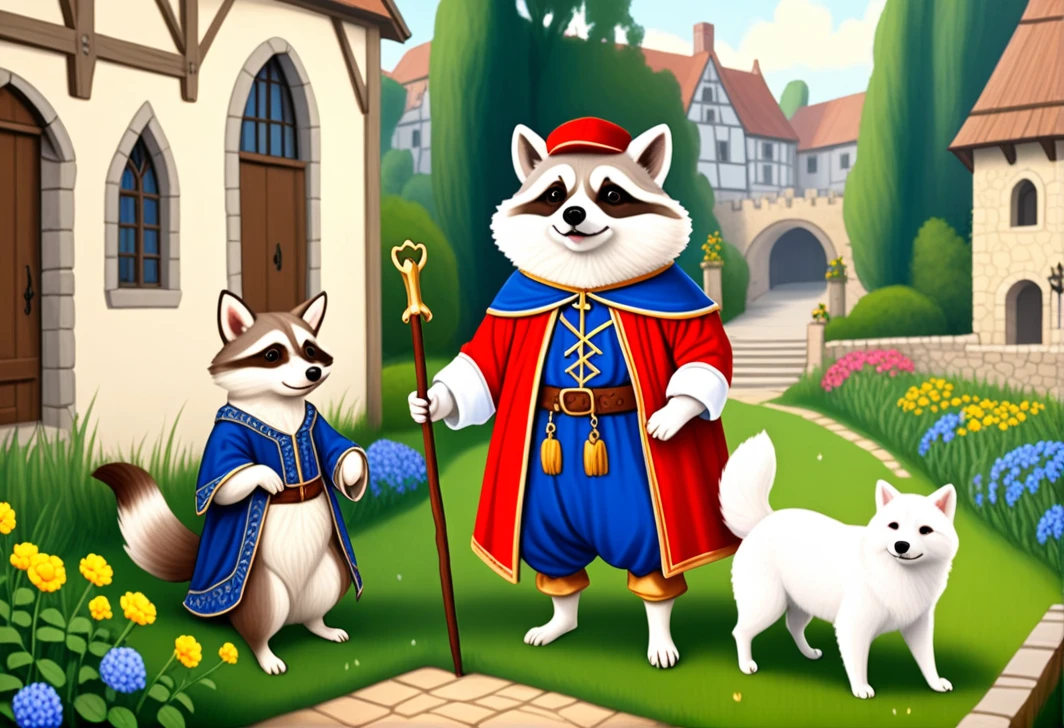 White Common Raccoon Dog in medieval clothes posing for a painting, like a medieval fantasy character, in a garden