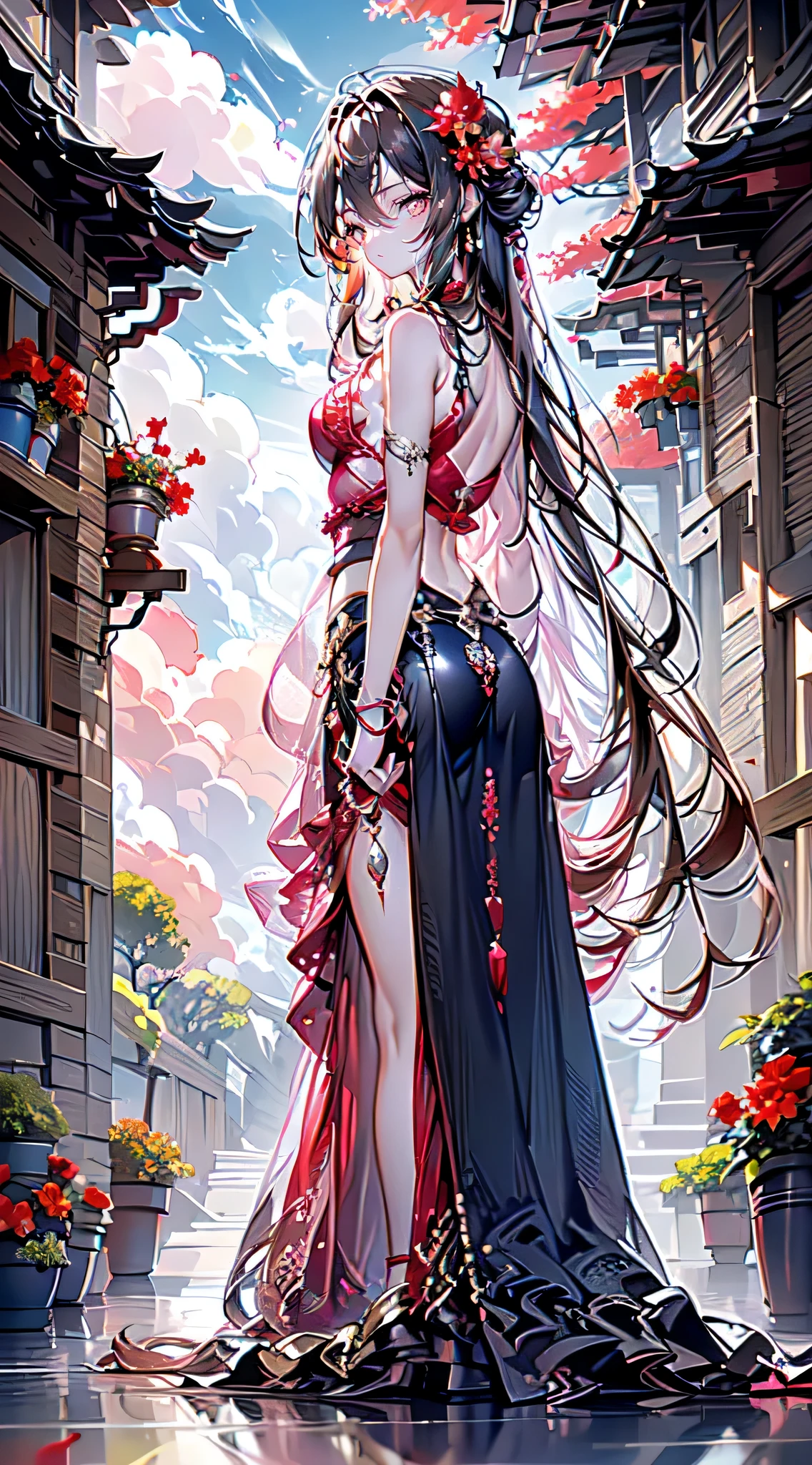(masterpiece),(Best quality:1.0), (ultra high resolution:1.0), detailed illustration, 8 k, anime, 1 girl, beautiful anime girl, In a sari, wear pink sari, beautiful pose, Beautiful face, detailed face, beautiful eyes, dark red eyes, detailed eyes, Red lips, Red lipstick, slightly brown hair, pink flower on ear, highlighting in hair, standing, Red flowers on the back of the tree, Open sky with clouds, detailed, difficult, anime style, highly detailed