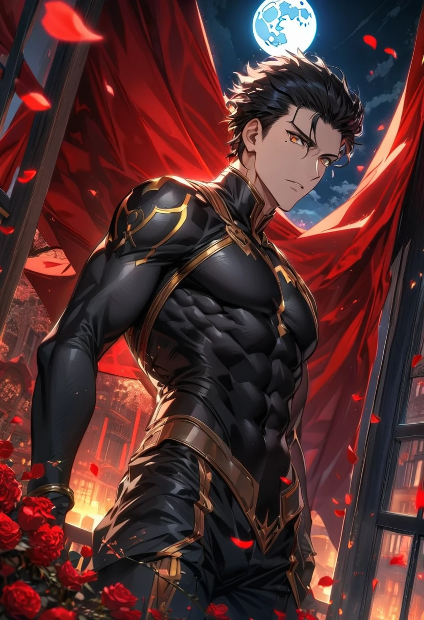 Ultra detailed, highres, absurdres, HDR, Diarmuid Ua Duibhne, black hair, golden eyes, mole under his eye, Fate Zero, handsome, 1 man only, red curtains, moon, window, petals, 