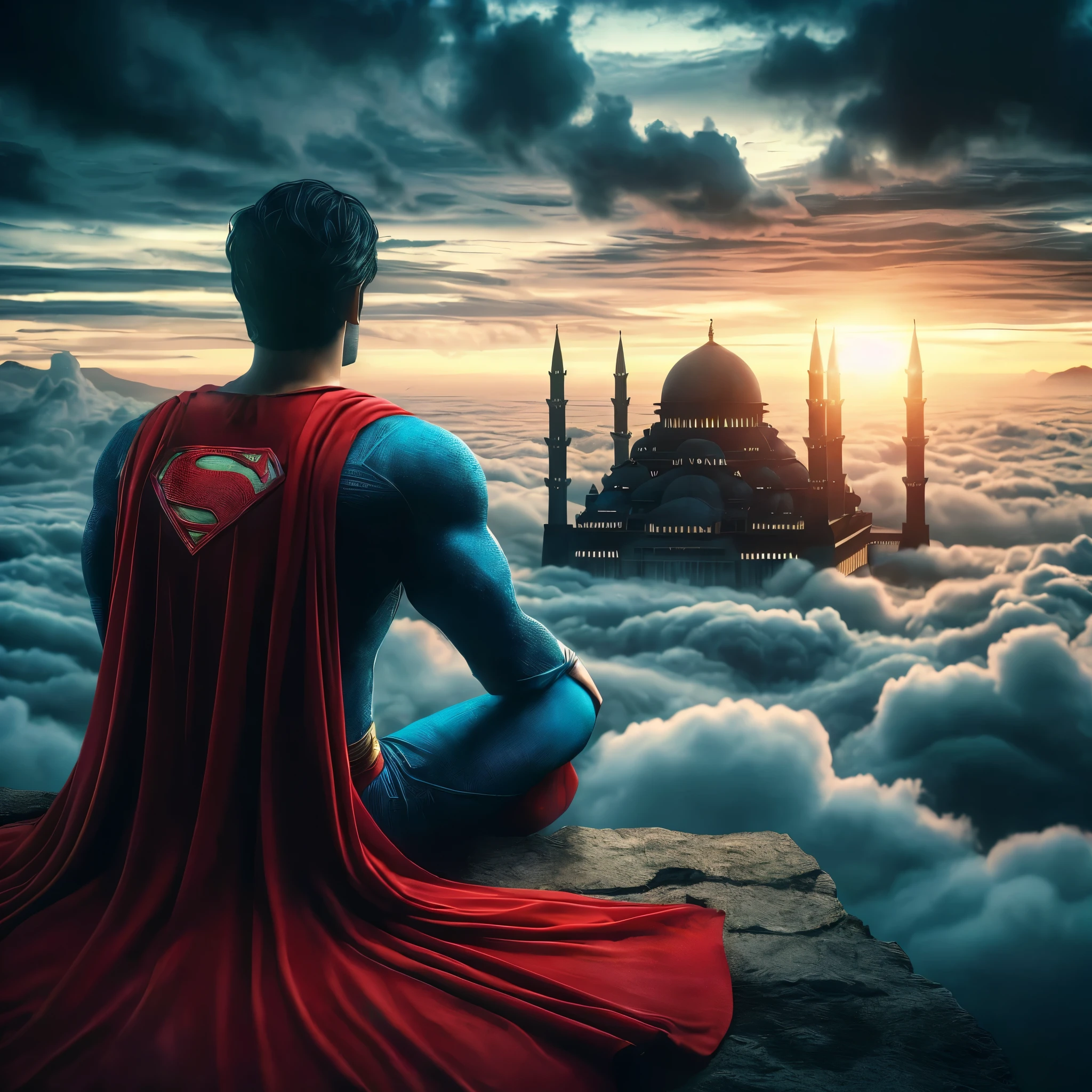 hyper realistic backlight shade backshoot look at horizon, dark image mysterious back of superman (32-year man, black hair, athletic body, classic comic blue-red costume, red cape) sitting on the giant clouds in the sky, background dramatic sky, cloud, he is seeing from the top an indonesian big grande mosque as a view , sharp focus photography, taken with Fujifilm XF 56mm f/1.2 R Lens. HDR10 8K