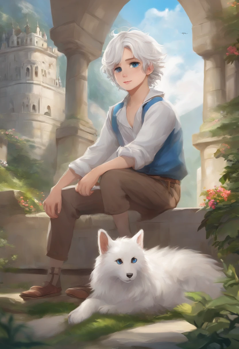 Masterpiece, high quality, absurd resolution, digital painting \ (artwork \), by dagasi, Yupa, Kiyosan, (fluffy fur, white fur, full body fur,). Boy, blue eyes, white hair, shorts, sandals, bright eyes, panorama, character focus. Detailed background, eating, outdoors, castle in the sky, (bells, pet collars, loose clothes: 1.2)