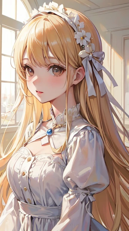 ((masutepiece)), High quality, super detailed, Blonde hair + White clothing: 1.2, sweet and delicate girl, nffsw, Lolita, Delicate facial features, Perfect figure, face with pearl decoration, bubbles surrounding, bright bright colors, romantic long hair, Natural light, warm and sweet, Brown eyes, gorgeous hair decoration.