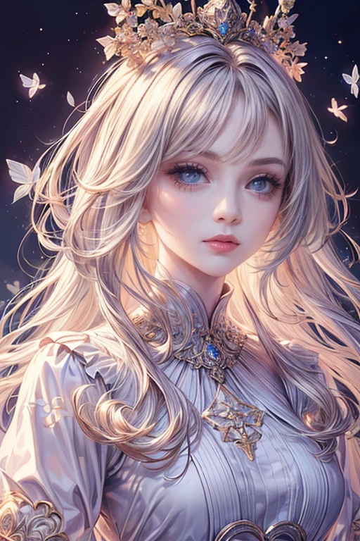 (highest quality,8K,cg,beautiful,Upper body details,,thumb girl,taffeta coat dress,flower background,detailed facial features,flowing long hair,almond shaped eyes,intricate eye makeup,long fluttering eyelashes,Big eyes and starry blinks,exquisite lip detail,soft and harmonious style)