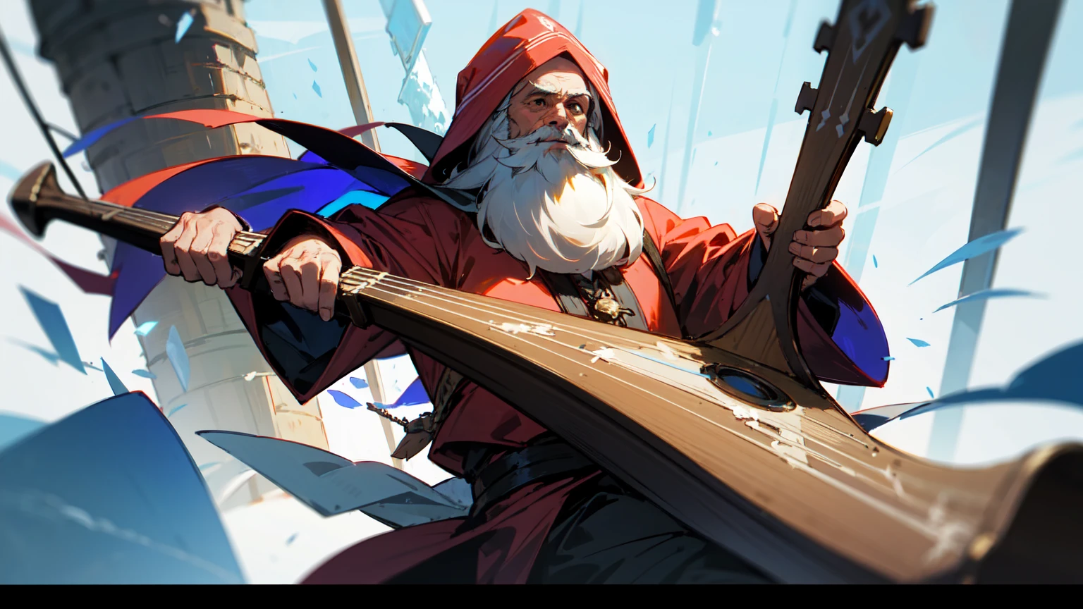1man, hermit, long beard, sparrow, playing the lute, ice