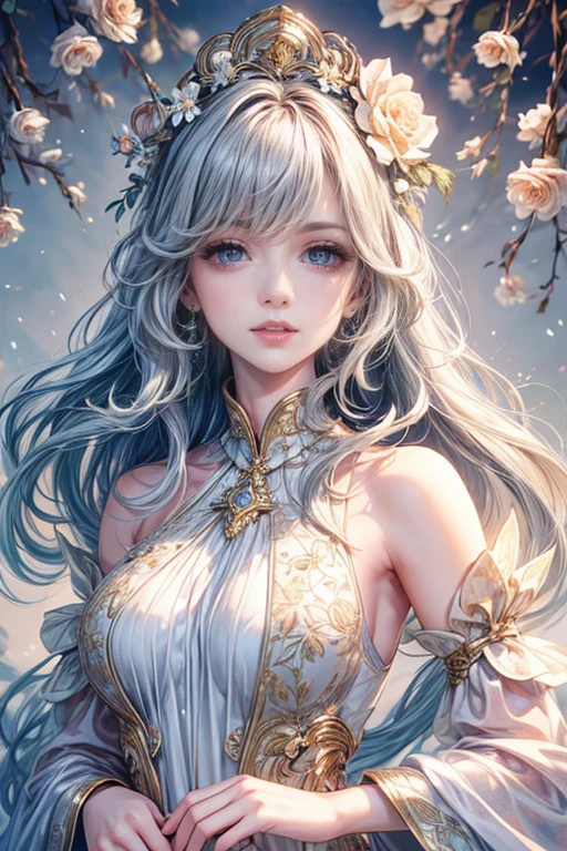 (highest quality,8K,cg),Upper body details, girl,flower forest background,complex facial features,elegant long curly hair,large almond shaped eyes,detailed eye makeup,long eyelashes,twinkling stars,exquisite lip detail,soft and harmonious style.