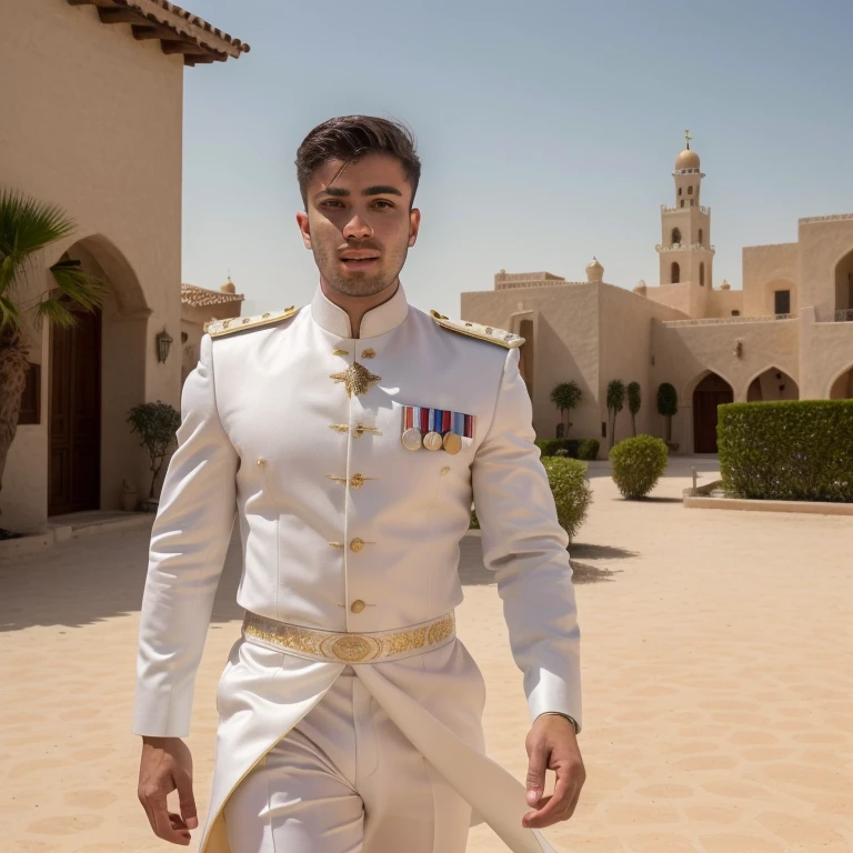 portrait de la personne de Danielmontoya, dans le coureur de lame, photographie professionnelle, high resolution, 4k, detailed photo,   vêtements dubai arabe traditionnel blanc. Villa background. Visage claire bien fait prince arabe