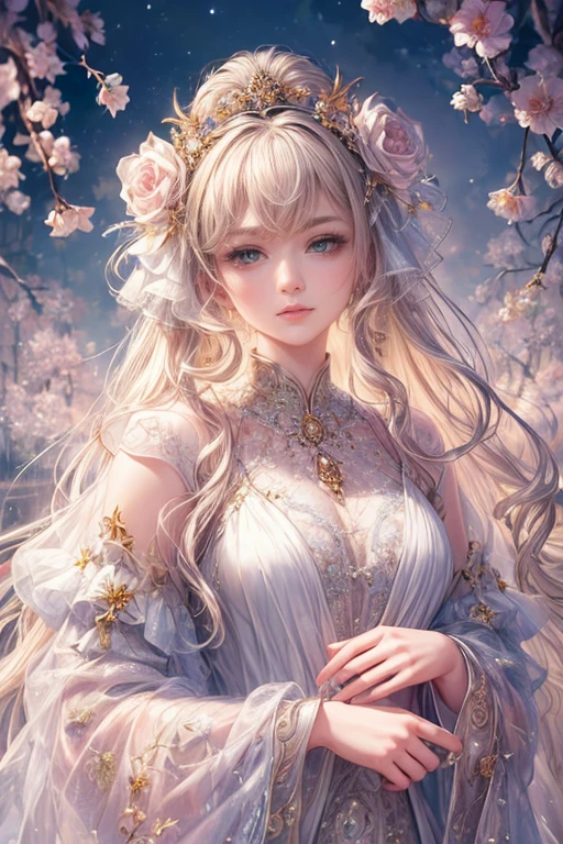 (highest quality:1.4),(masterpiece:1.4),Super detailed,8K,cg,exquisite,Upper body,Lonely,thumb girl,little princess,flowing coat dress,garden background,detailed facial features,long curly hair,almond eye,Subtle eye makeup,long fluttering eyelashes,Sparkling starry eyes,and a starry gaze, intricate lip details,soft and harmonious style.
