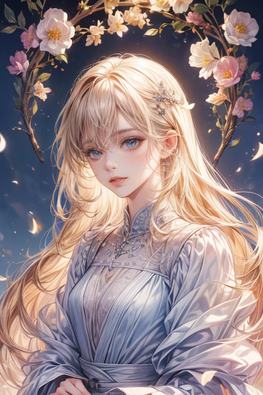 (best quality:1.4,master piece:1.4),ultra high resolution,8K,cg,exquisite,Upper body,Lonely,thumb girl,little princess,taffeta coat dress,flower background,detailed facial features,long flowing hair,almond eye,exquisiteアイメイク,long fluttering eyelashes,Shining eyes and starry gaze,delicate lip detail,soft and harmonious style.