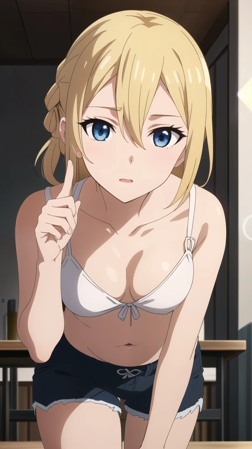 hayasaka,blonde hair, blue eyes,  1 girl, hair between eyes,braid hair,inside,belly button,shorts ,exquisite visuals,stylish pose, stylish angle,looking at the viewer, in the center of the image,alone,
beautiful Finger,beautiful long legs,beautiful body,beautiful character design, perfect eyes, Perfect face,expressive eyes, looking at the viewer, Appear on knees,sexy pose,in the center of the image, official art,High Definition CG Unity, Perfect lit, bright_front_face_lit, (table top:1.0),(Highest_quality:1.0),4k,Super detailed, photograph, 8K, nffsw, High resolution, absurd:1.2, kodak portrait 400, film grain, Lens flare, (lively_color:1.2) (beautiful,medium breasts:1.4), (beautiful_face:1.3),(narrow_waist),
