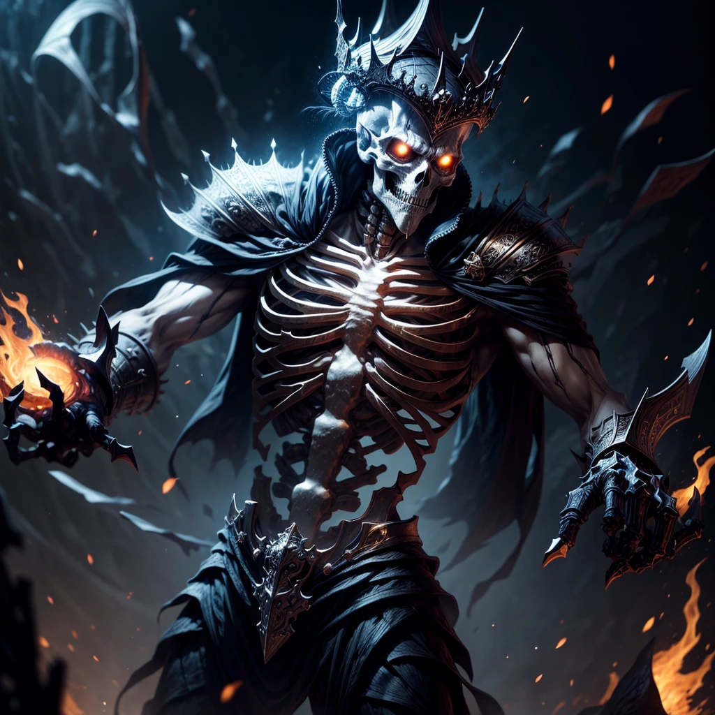 "Skeleton king with intricate details, showcasing a variety of skill images with dynamic effects."