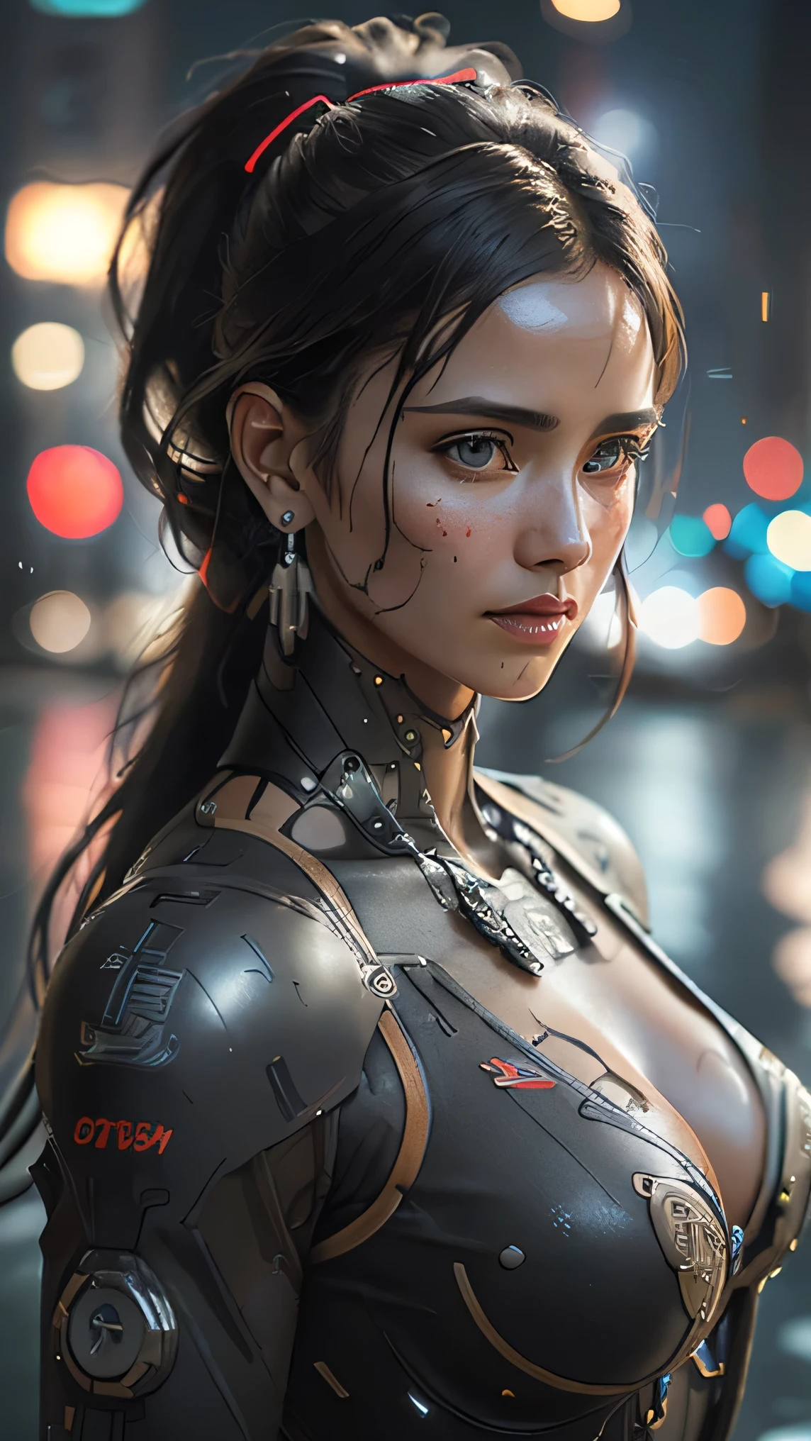 (masterpiece), (extremely intricate:1.3), (realistic), portrait of a girl, the most beautiful in the world, (black cyborg armor), metal reflections, half body, detail complex background, futuristic city background, nighttime, professional photograph of a stunning woman detailed, sharp focus, dramatic, award winning, cinematic lighting, octane render unreal engine, volumetrics dtx, (film grain, blurry background, blurry foreground, bokeh, depth of field, night, motion blur:1.3), sexy, long hair pony tail style, (realism:1.6), (realistic skin texture:1.3), beautiful blue eyes, perfect face, lipstick,
Top Quality, Masterpiece, Ultra High Resolution, (Photorealistic: 1.4), Raw Photo, 1 Girl, Black Hair, Glossy Skin, 1 Mechanical Girl, (Ultra Realistic Details)), Global Illumination, Shadows, Octane Rendering, 8K, Ultra Sharp, Big, Cleavage Exposed Raw Skin, Metal, Complex Ornaments Details, Cold Color, Egyptian details, very intricate details, realistic light, CGSoation trend, glowing eyes, facing the camera, neon details, blood vessels connected to tube, mechanical black cervical attachment to the neck, wires and cables connecting to the head, evangelion, small LED lamp, Indonesian girl, perfect breast, mechanical earrings