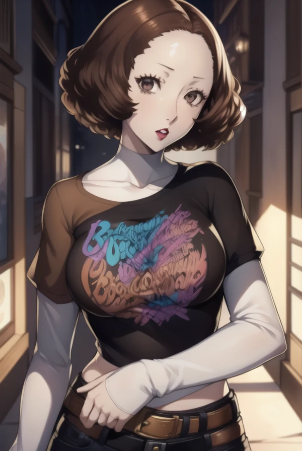 haruokumura, haru okumura, (brown eyes:1.5), brown hair, short hair,1girl, solo, standing, black t-shirt, white shirt, blue jeans, belt, lipstick, large breasts, layered sleeves