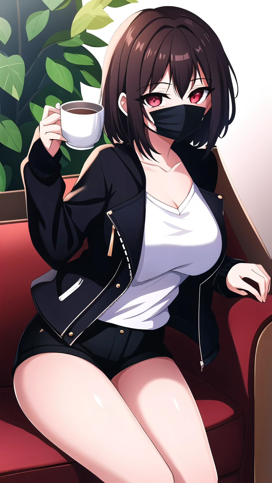 Stylish goth woman, podiatry modeling girl, hairbangs, (black tshirt and shorts, spike wristband), inside of a starbucks lobby, chunky heeled sandals, black nailpolish, foot centric image, (she is showing off her pedicure to the camera)
