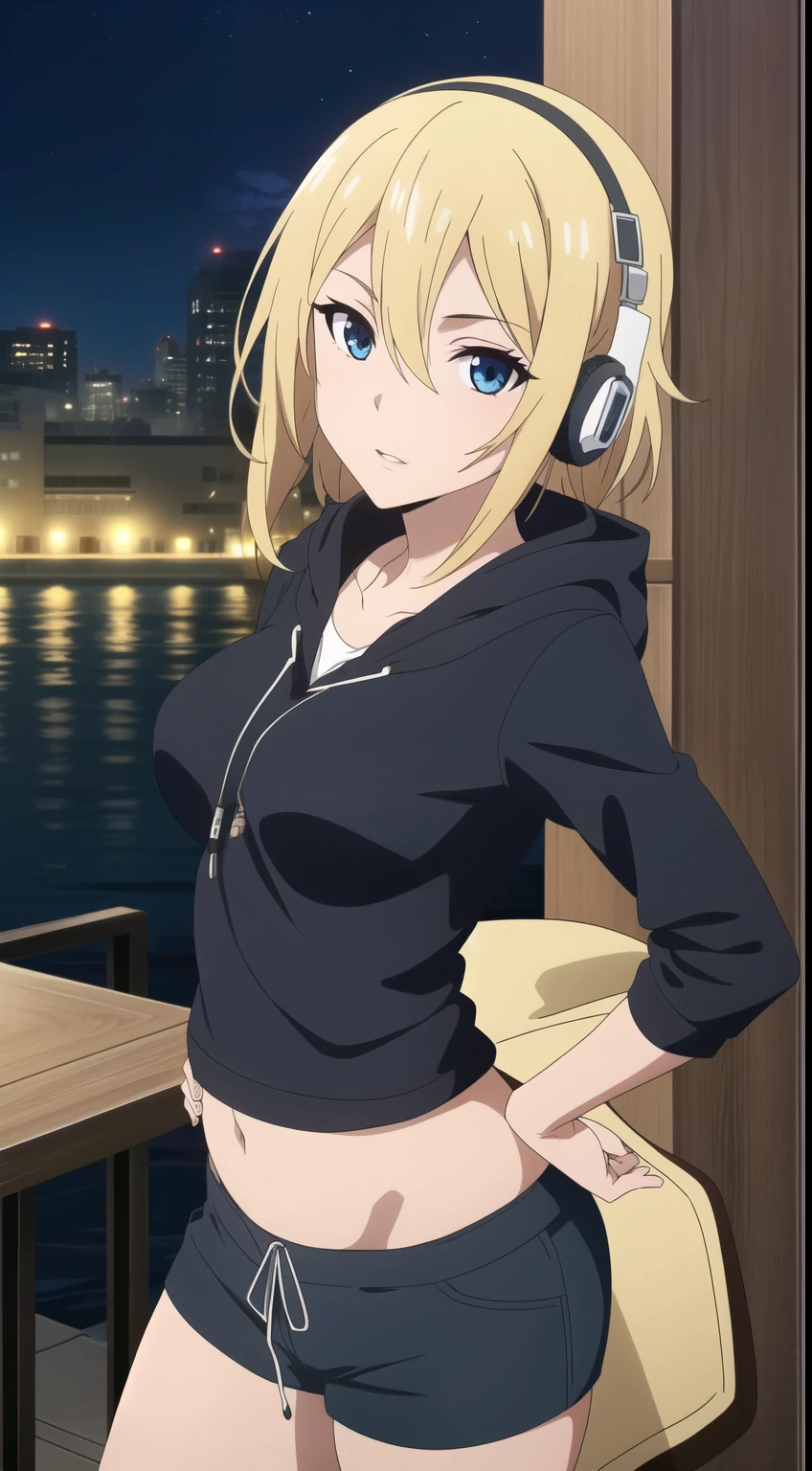 hayasaka,blonde hair, blue eyes, 1 girl, hair between eyes,hip hop dancer style,cap,wearing headphones around the neck,shorts,hooded sweatshirt,colorful shirt,belly button,natural lip,city,night,exquisite visuals,stylish pose, stylish angle,looking at the viewer, in the center of the image,alone,
beautiful Finger,beautiful long legs,beautiful body,beautiful character design, perfect eyes, Perfect face,expressive eyes, official art,High Definition CG Unity, Perfect lit, bright_front_face_lit, (table top:1.0),(Highest_quality:1.0),4k,Super detailed, photograph, 8K, nffsw, High resolution, absurd:1.2, kodak portrait 400, film grain, Lens flare, (lively_color:1.2) (beautiful,medium breasts:1.4), (beautiful_face:1.3),(narrow_waist),
