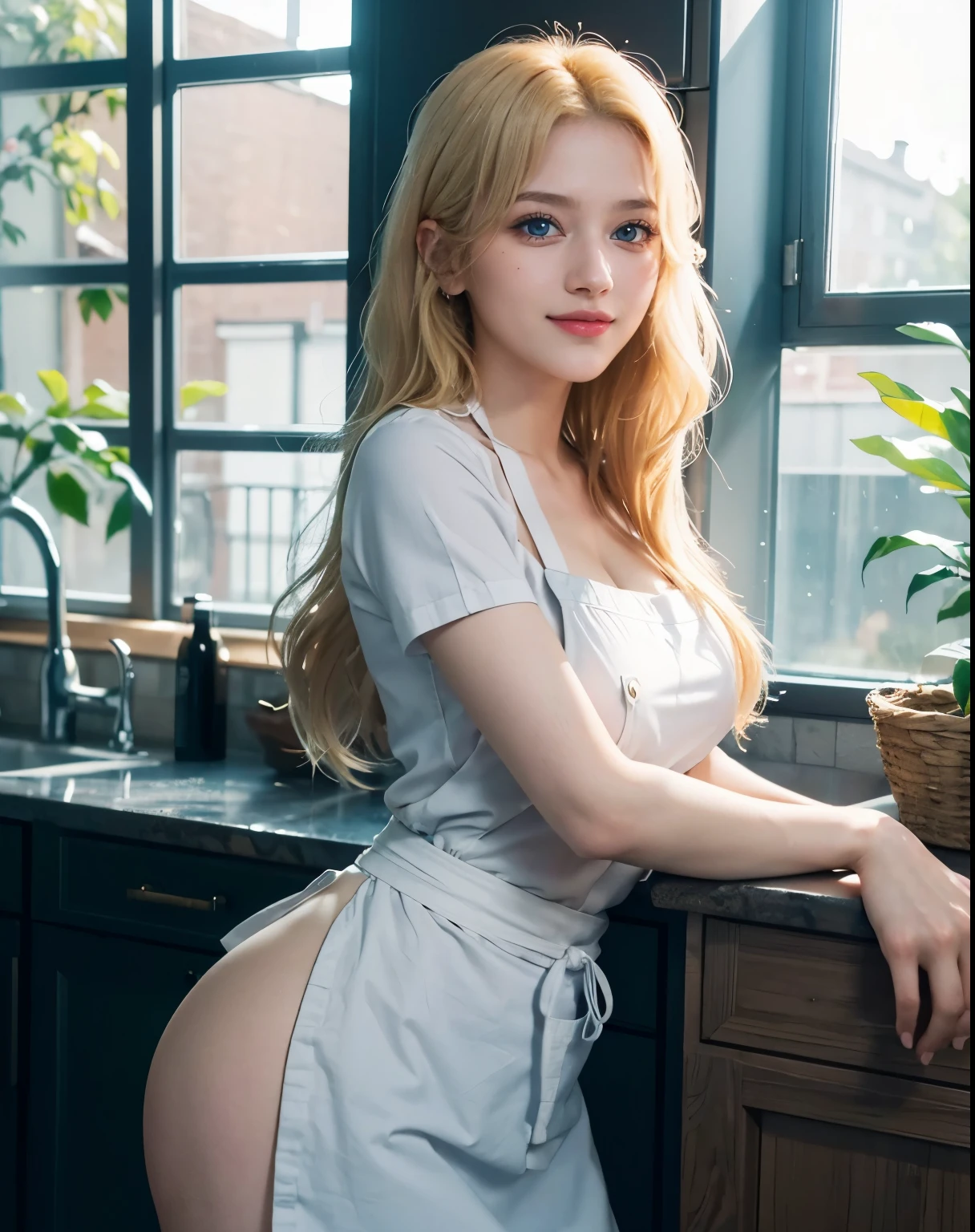 1girl, (Blue Eyes), (smiling :1.2), (Sana Minatozaki), (close-up), (beautiful makeup :1.2), wide hips, Big tits, big ass, (Best Quality, 8k, Masterpiece: 1.3), Clear Focus: 1.2, Perfect Body Beauty: 1.4, strong abs, Highly detailed face and skin texture, detailed eyes, double eyelids, (blond long hair :1.2), naked, (wearing only a chef's apron :1.2), standing, sitting on the table, in the kitchen, view from below :1.3