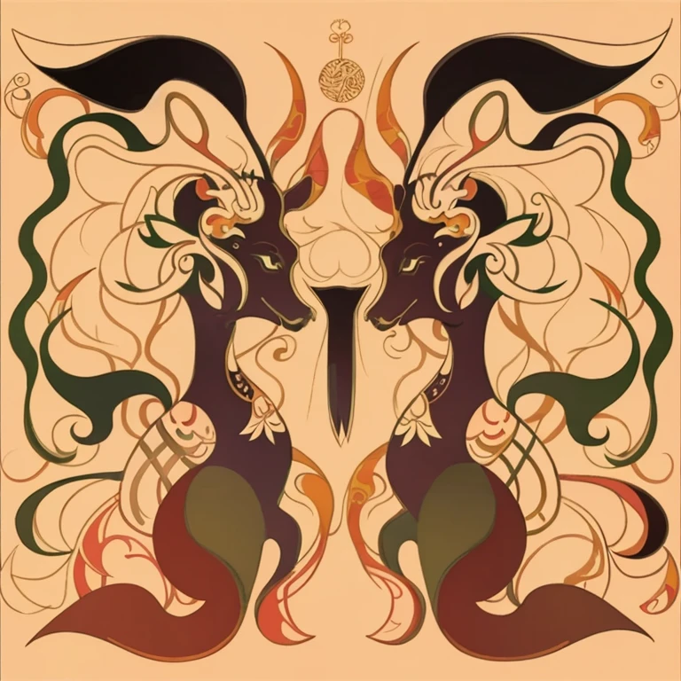 There are two horses standing in a pattern, Symmetrical digital illustration, symmetry art品, Symmetrical illustration, 塔罗牌Symmetrical graph, Symmetrical graph, Psychedelic illustration, coherent symmetry art品, Fantasy role playing game symmetrical portrait, symmetry art, Center symmetrical composition, symmetrical duality, psychedelic art nouveau style, Highly detailed symmetry, symmetrical sticker design,Chinese style,Paper-cut art,Animal totem,Spring Festival