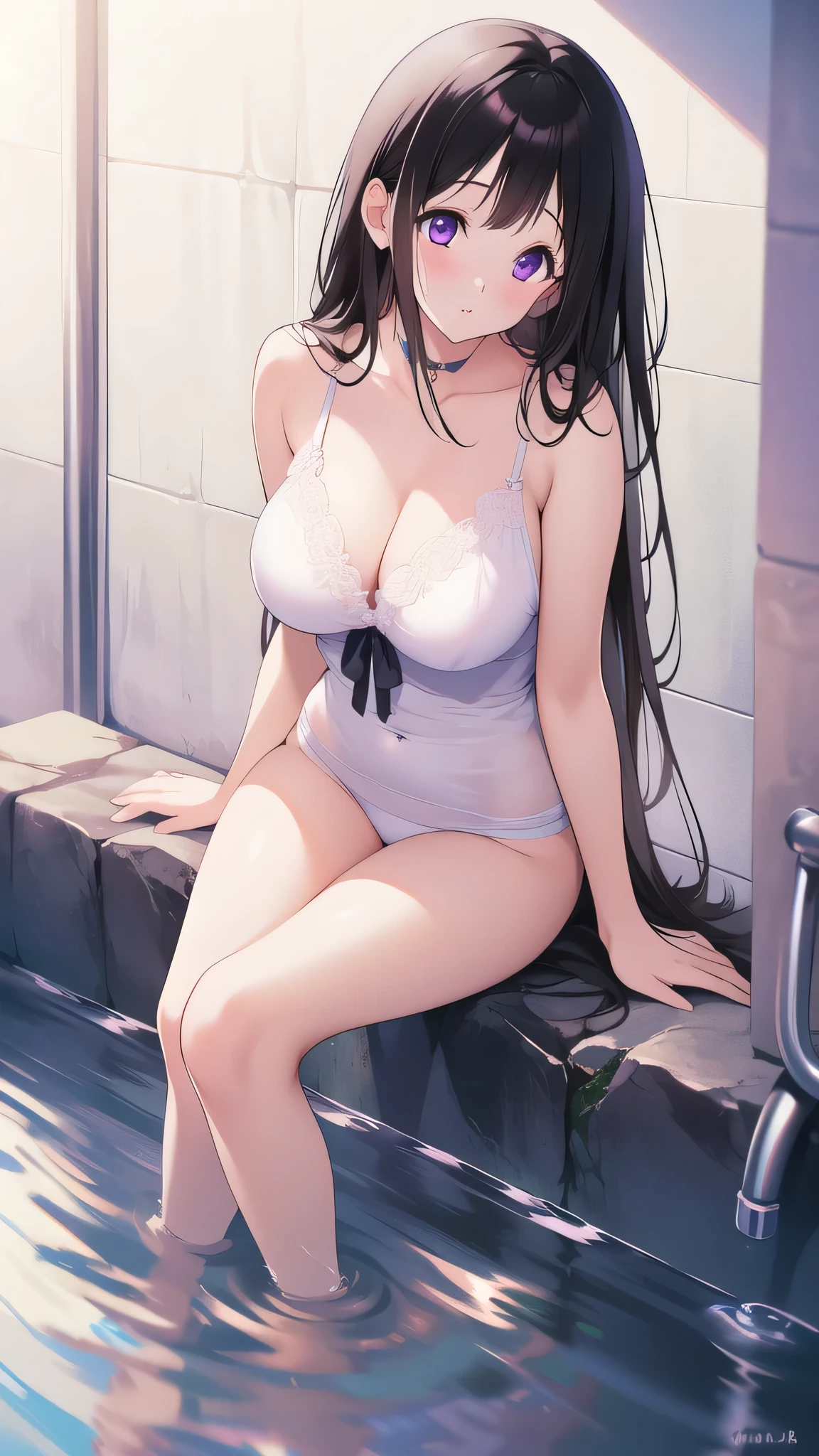 Stunning Chitanda, There is only one beautiful girl,purple eyes, black hair, Naturally straight hair, straight bangs,extremely refined,lips open,flowing long hair,Peerless beautiful girl, dreamlike,Slim,soft, (Sensual), (kawaii), Dream quality,no underwear,take a shower,Face is very red,close eyes,Head up,Water pipe between legs,big breasts,bare shoulders,Clavicle exposed,bare neck,Bare thighs,Exposing the groin,camel toe,bare legs,barefoot,extremely shy,ultra high resolution, (masterpiece:1.2, best quality), (Beautiful and delicate face)