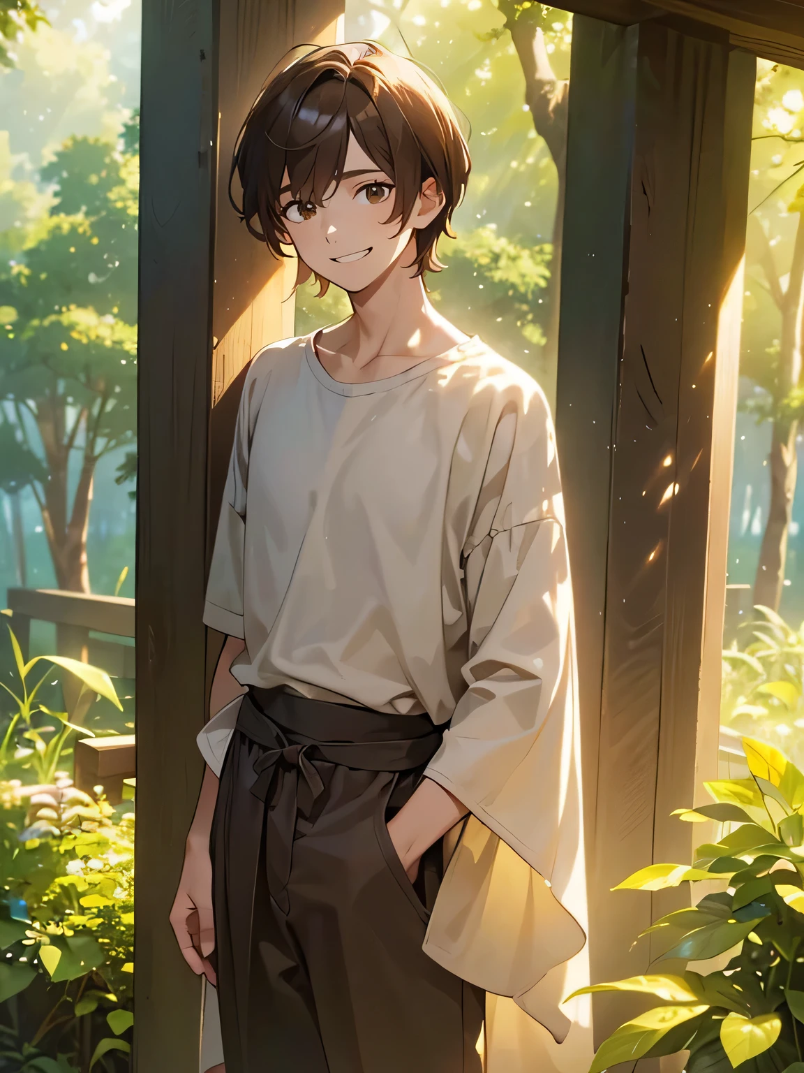(best quality,4k,8k,highres,masterpiece:1.2), 1boy, (brown hair:1.1), (light brown hair:1.1), (clear brown hair:1.1), (17-year-old:1.1), (slim:1.1), (youthful appearance:1.1), (youthful look:1.1), (young:1.1), (teenager:1.1), (handsome:1.1), detailed face with (clear,sharp:1.1) facial features, (dark brown eyes:1.1), (straight:1.1) nose, (thin,delicate:1.1) lips, tall, standing in a (natural,rustic:1.1) environment, (sunlit,bathed in sunlight:1.1), (peaceful,serene:1.1) atmosphere, (warm,soft:1.1) colors, (gentle,breezy:1.1) wind, pleasant (smile,grin:1.1), (casual,relaxed:1.1) attire, (content,happy:1.1) expression, confident posture, looking towards the distance, surrounded by (lush,vibrant:1.1) greenery, (golden,ray of sunlight:1.1), (bright,warm:1.1) sun, (soft,mild:1.1) shadows, (natural,harmonious:1.1) composition.
