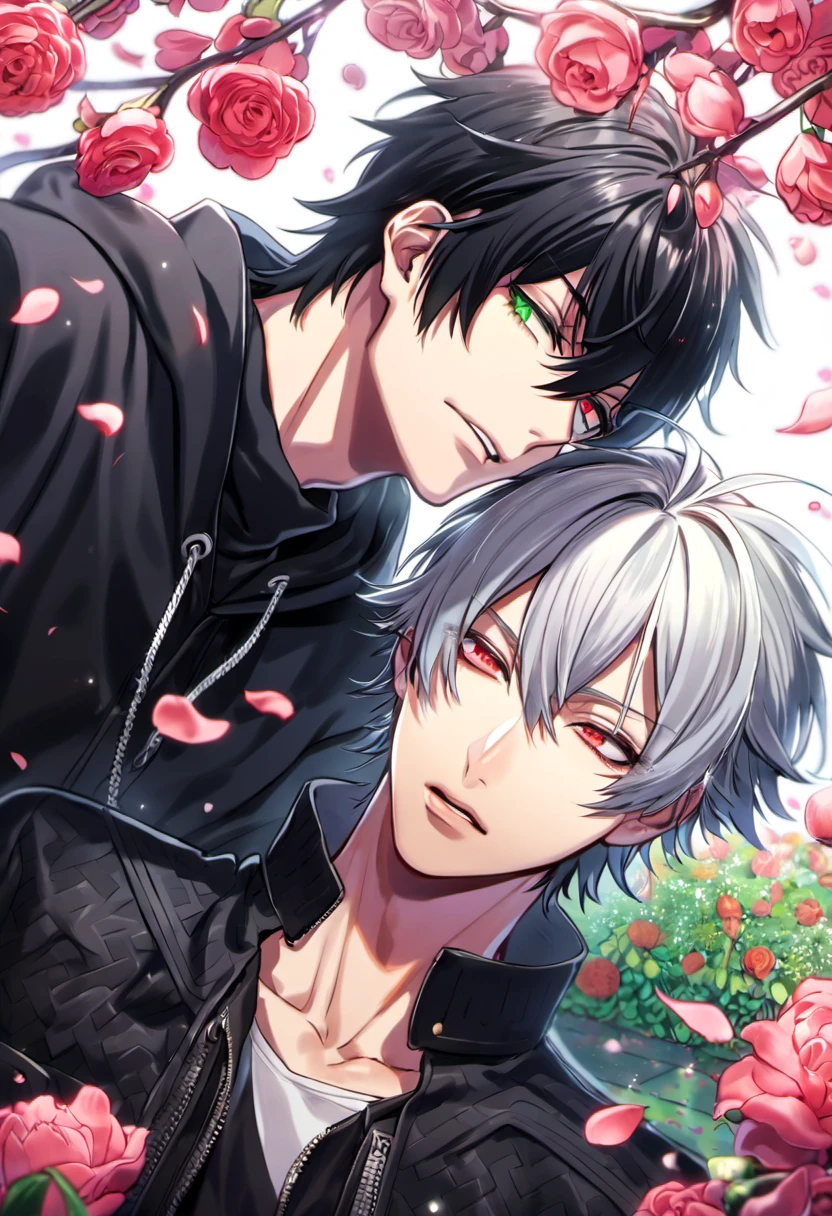 absurdres, highres, ultra detailed, HDR, master piece, best quality, Samatoki Aohitsugi, white messy hair, expressive red eyes, long eyelashes, Hypnosis Mic, Yamada Ichiro, messy black hair, expressive green eyes, 2men together, gay couple, handsome, black clothes, garden, petals