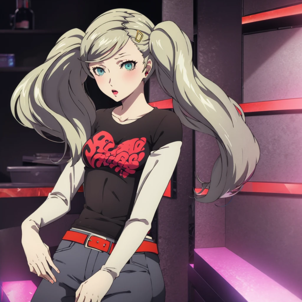 The face of Ann takamaki, blonde hair, twintails, best quality, masterpiece, 1girl, solo, standing, black t-shirt, white shirt, blue jeans, belt, lipstick,
