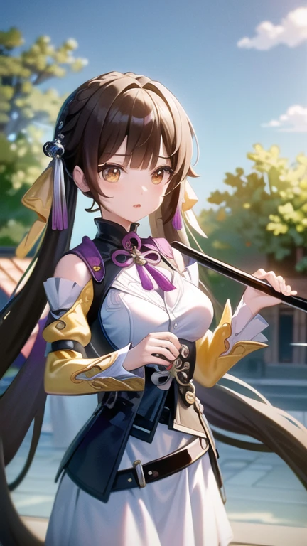 (8k, RAW photo, best quality, masterpiece:1.2,ultra-detailed, official art, unity 8k wallpaper), 1girl, SushangV4, solo, long hair, large breasts, hair ornament, long sleeves, dress, cleavage, bare shoulders, closed mouth, holding long sword, braid, chinese clothes,(outdoors, ancient Chinese architecture :1.5),rendered in blender((isometric)),
