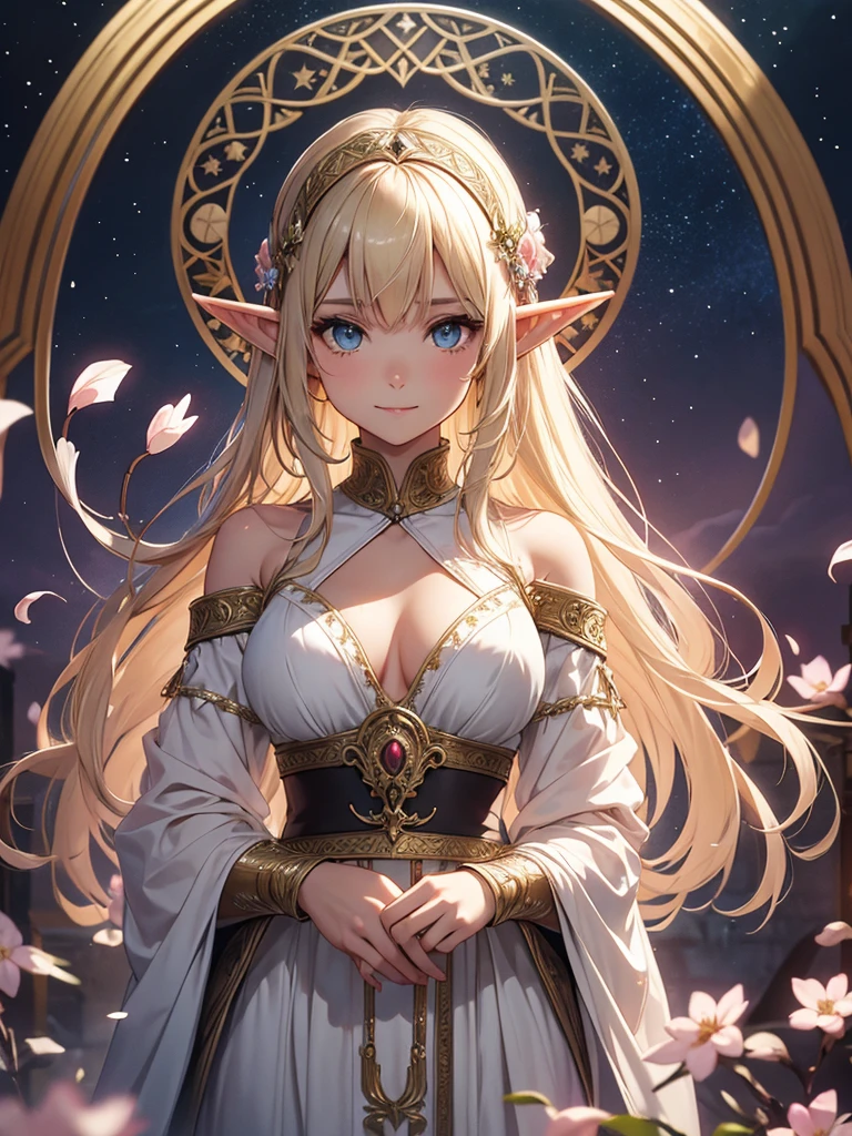 highest quality、Highest image quality、masterpiece、Super beautiful elf beauty with a beautiful back view((22 years old OL big bust、bust 90,beautiful long ironed hair、blonde、globe、、slender、Close-up、Esbian、beautiful tiara、High quality、beautiful art、background((starry ski)))muste piece、visual art、Depth of bounds written、low angle of morning sky、、elf ears、、magic of light、space knight、harp melody🎵、A happy smile、gentle light、、Beautiful legs that are gentle on the skin、、、Number of fingers to achieve precise finger movements、back view ticker beautiful decorative、elegant、mystical　rosa、　heaven、marble columns, beautiful dressy、beautiful dress、magnificent marble dome、giant galaxy、religious painting、temple of time、great watch、hourglass、sundial、moment of creation！myth、alphonse mucha art、art nouveau、ancient greece、Rome、byzantine art、gold foil、Raphael&#39;s paintings、renaissance art、Lord of the Ring、sexy、friendly smile、、many branches and leaves、Magnificent Temple、Hagia sophia、東Rome、magnificent city、palace